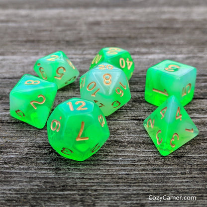 Gaseous Ooze Dice Set – 7 - Piece Green White Semi - Translucent Acrylic DnD Dice - Fennek and Finch