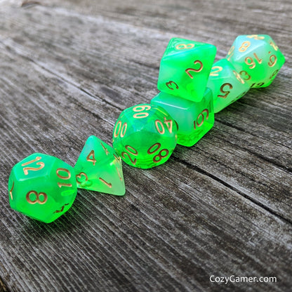 Gaseous Ooze Dice Set – 7 - Piece Green White Semi - Translucent Acrylic DnD Dice - Fennek and Finch