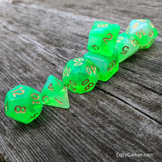 Gaseous Ooze Dice Set – 7 - Piece Green White Semi - Translucent Acrylic DnD Dice - Fennek and Finch