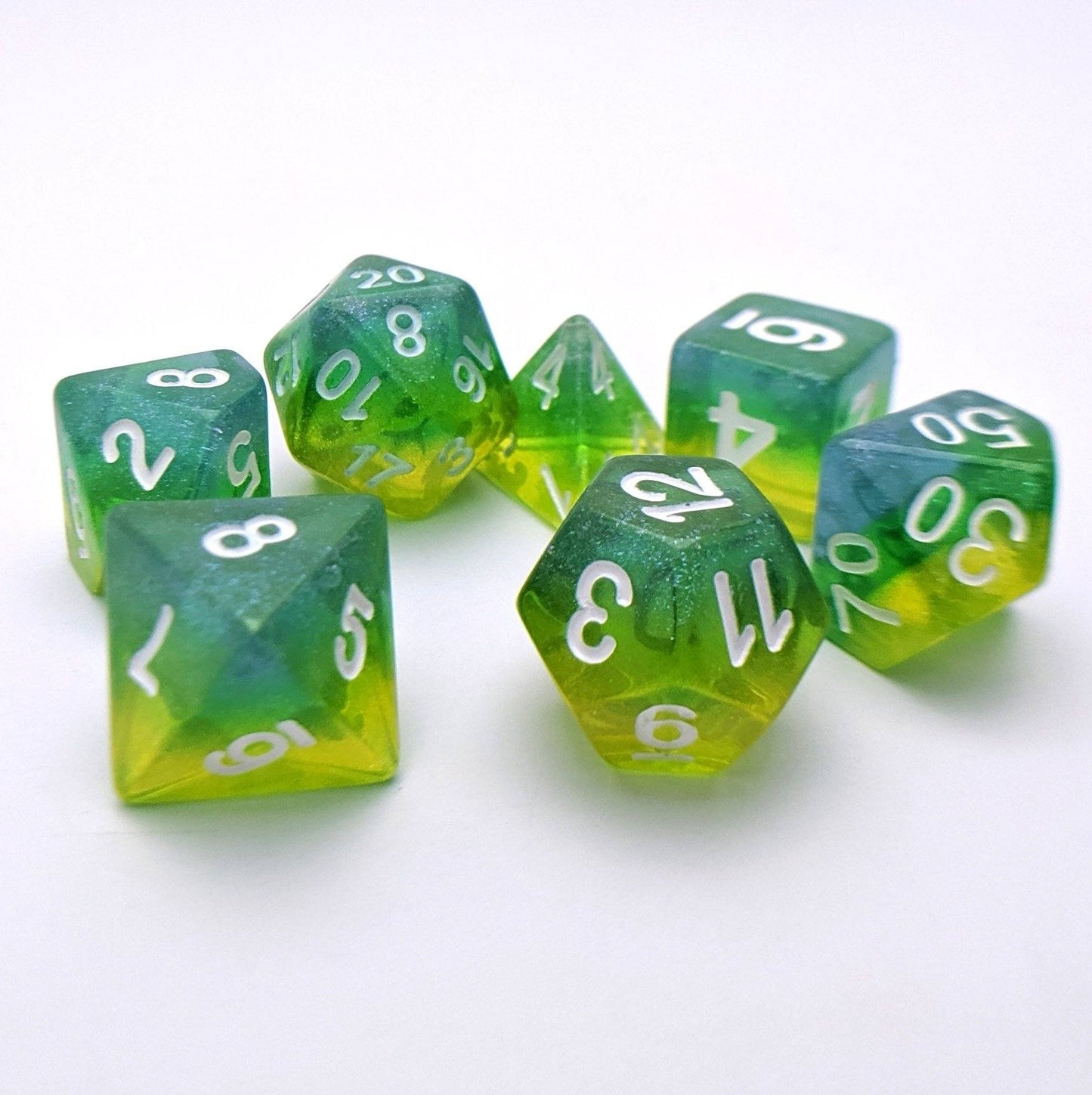 Genesis Dice Set – 7 - Piece Semi - Translucent Blue Green Yellow Gradient Sparkle - Fennek and Finch