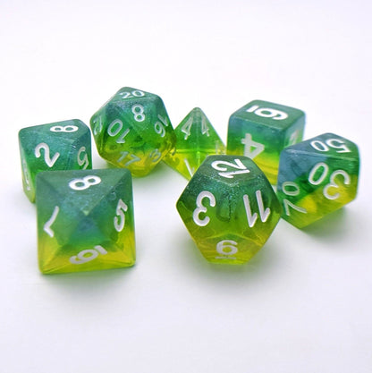 Genesis Dice Set – 7 - Piece Semi - Translucent Blue Green Yellow Gradient Sparkle - Fennek and Finch