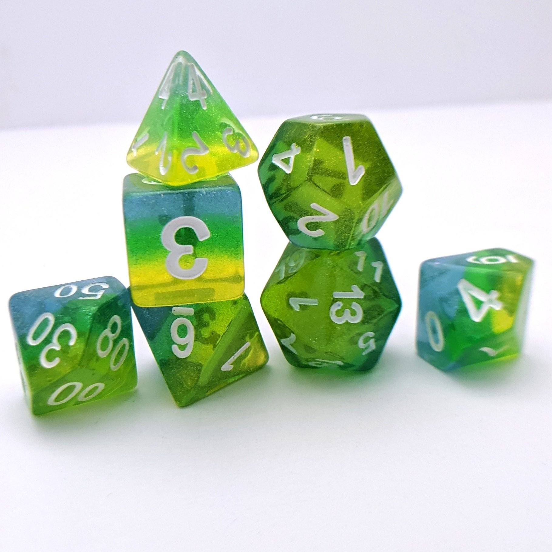 Genesis Dice Set – 7 - Piece Semi - Translucent Blue Green Yellow Gradient Sparkle - Fennek and Finch