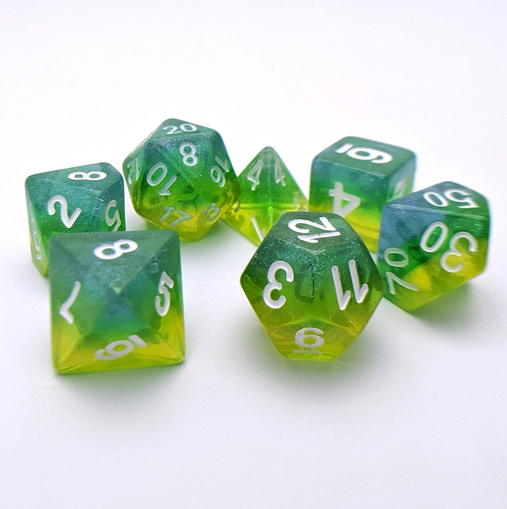 Genesis DnD Dice Set, Blue, green, and yellow Layer Glitter Dice - CozyGamer