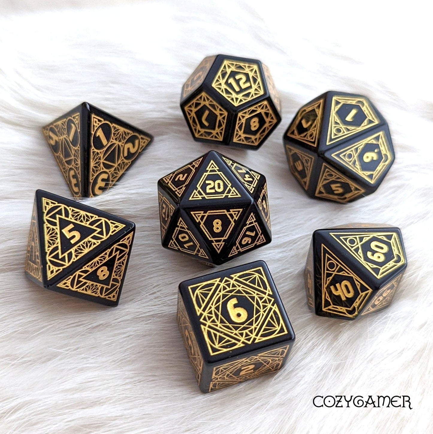 Geometric Obsidian Dice Set – 7-Piece Real Gemstone Carved Stone DnD Dice Dice sets Fennek & Finch