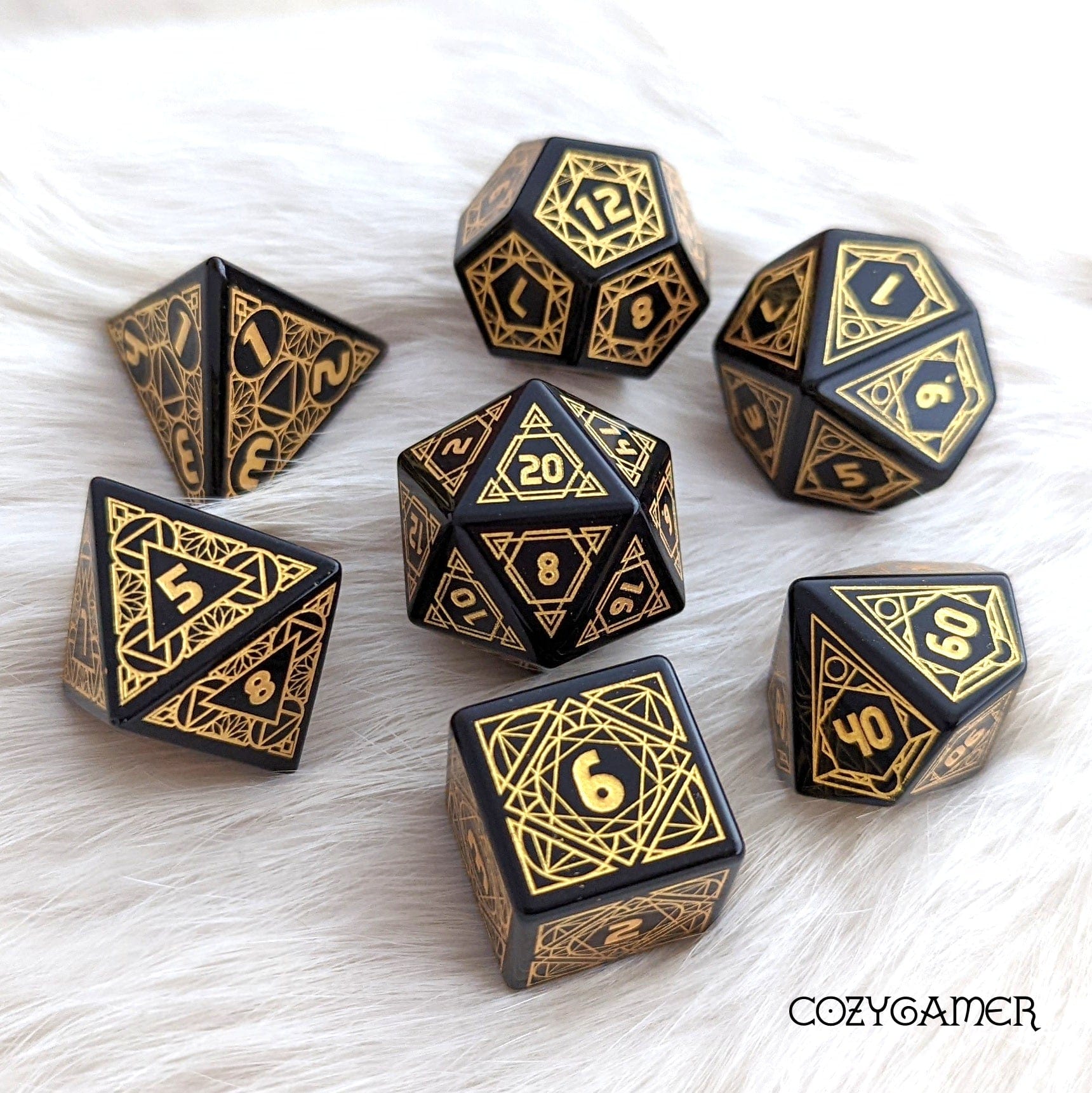 Geometric Obsidian Dice Set – 7-Piece Real Gemstone Carved Stone DnD Dice Dice sets Fennek & Finch