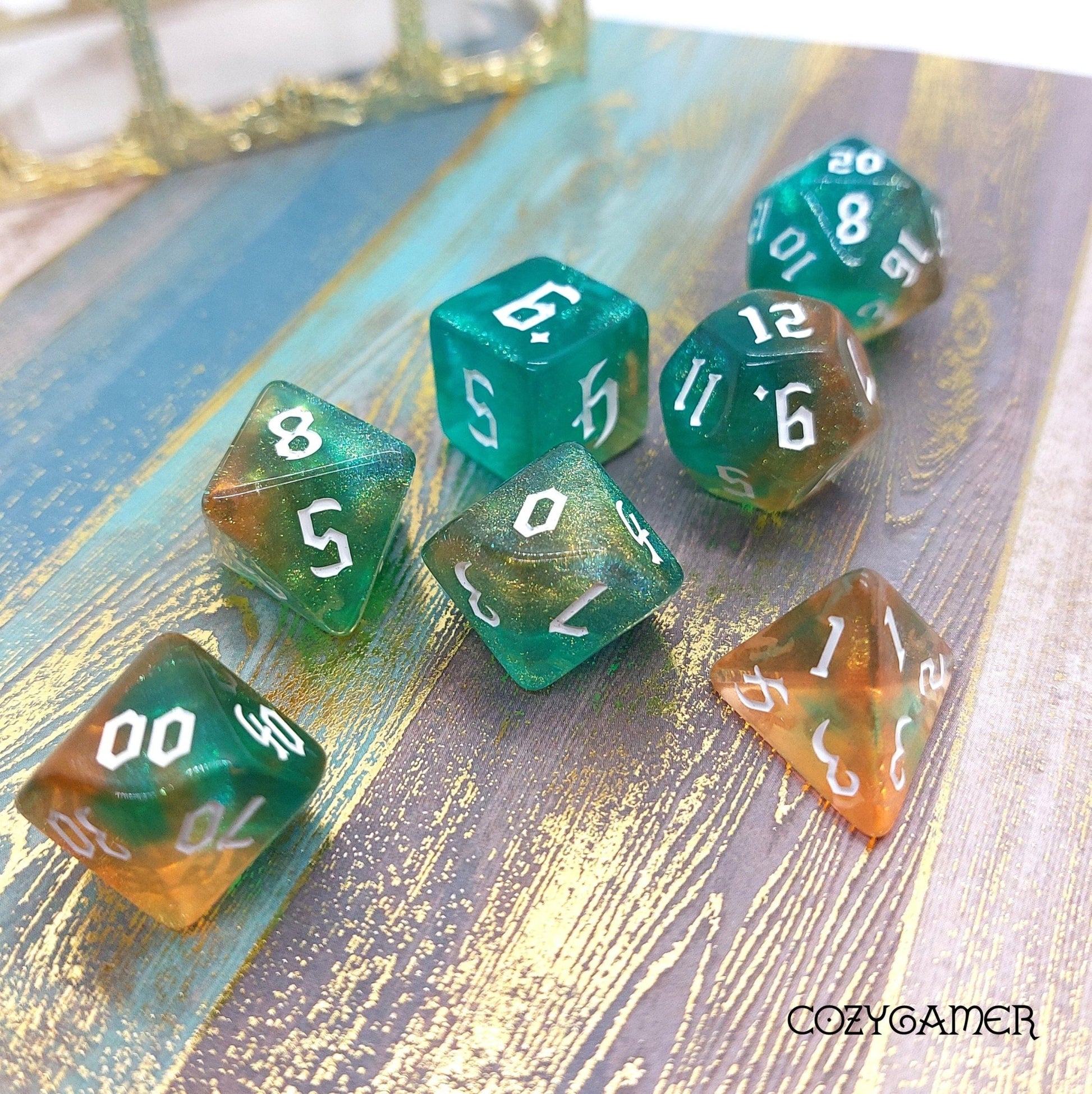 Geyser Bolt Dice Set – 7-Piece Marbled Blue Orange DnD Dice Dice Sets & Games Fennek and Finch
