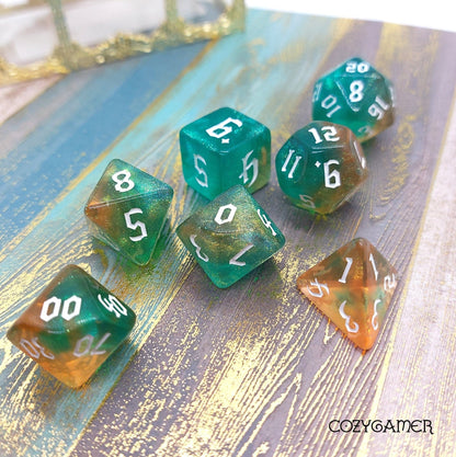 Geyser Bolt Dice Set – 7-Piece Marbled Blue Orange DnD Dice Dice Sets & Games Fennek and Finch
