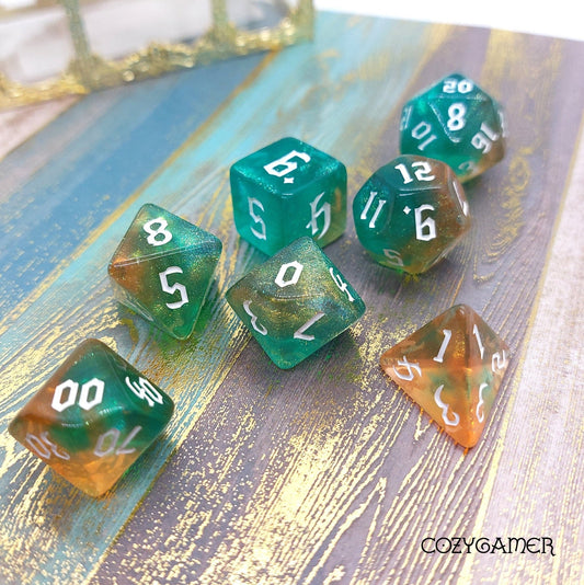 Geyser Bolt Dice Set – 7 - Piece Marbled Blue Orange DnD Dice - Fennek and Finch