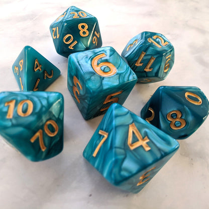 Giant Aquatic Dice Set, Large Blue Pearly 7 Piece Dice Set - Fennek and Finch