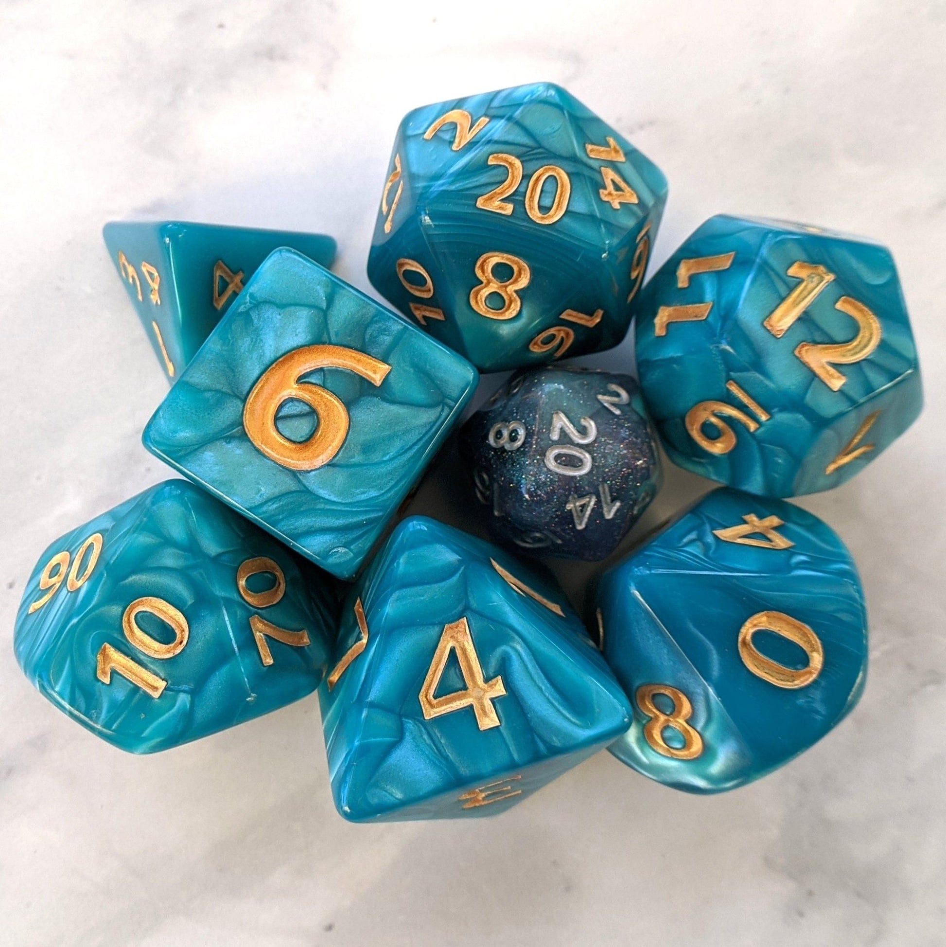 Giant Aquatic Dice Set, Large Blue Pearly 7 Piece Dice Set - Fennek and Finch