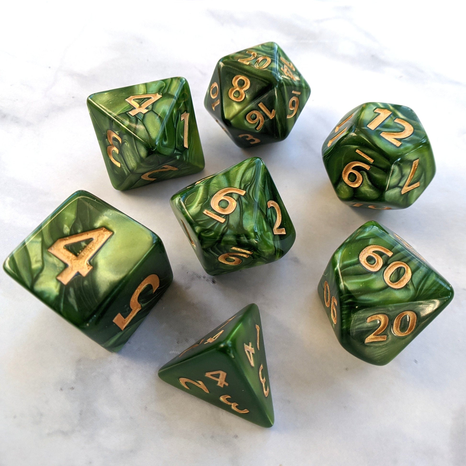 Giant Archer's Dice Set, Large Green Pearly 7 Piece Dice Set - CozyGamer
