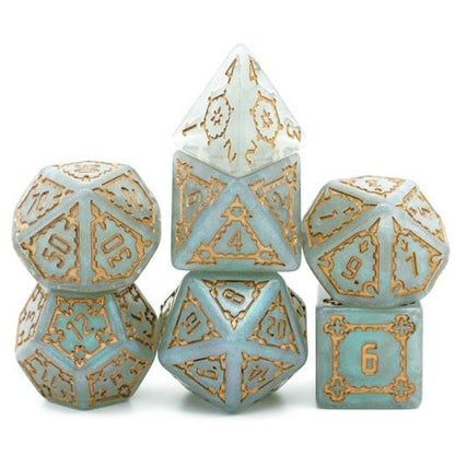 Extra large 7-piece Giant Castle resin dice set with intricate details and numbers, including 1.5" D20 and 1" D6 dice.