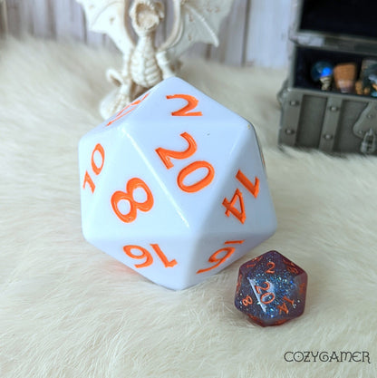 Giant White D20 Pink Orange Font – Extra Large 2" DnD Die Dice Sets & Games Fennek and Finch Orange Font