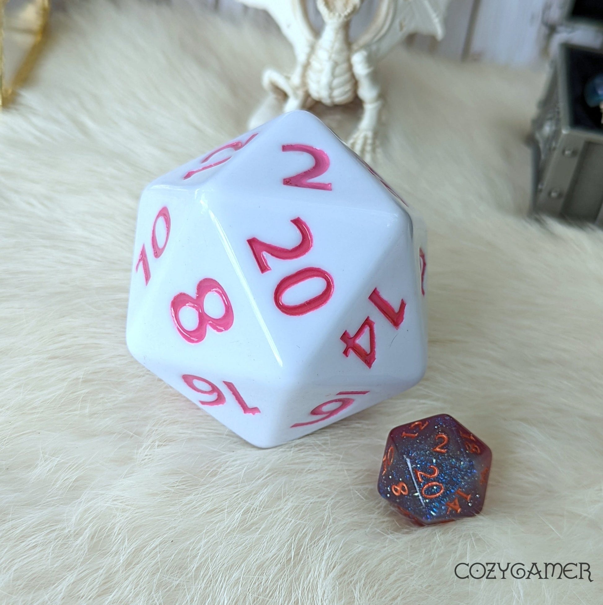 Giant White D20 Pink Orange Font – Extra Large 2" DnD Die Dice Sets & Games Fennek and Finch Pink Font