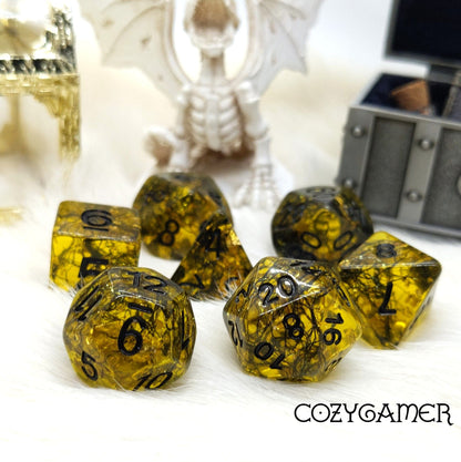 Gilded Web Dice Set. 7 Piece Black shimmering threads and gold foil