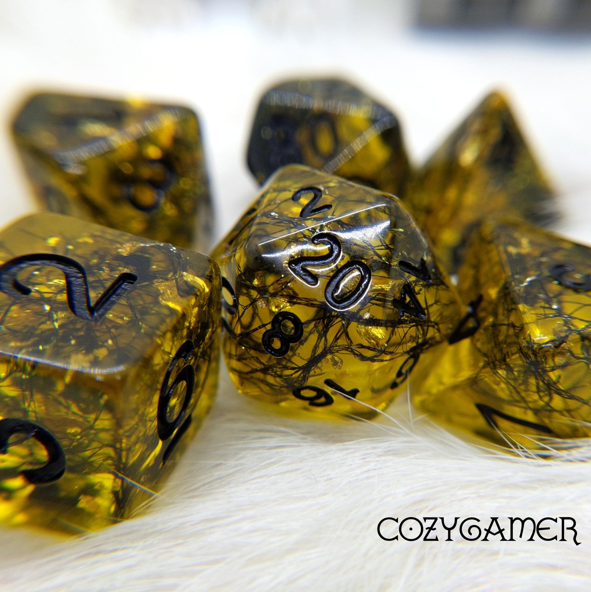 Gilded Web Dice Set. 7 Piece Black shimmering threads and gold foil