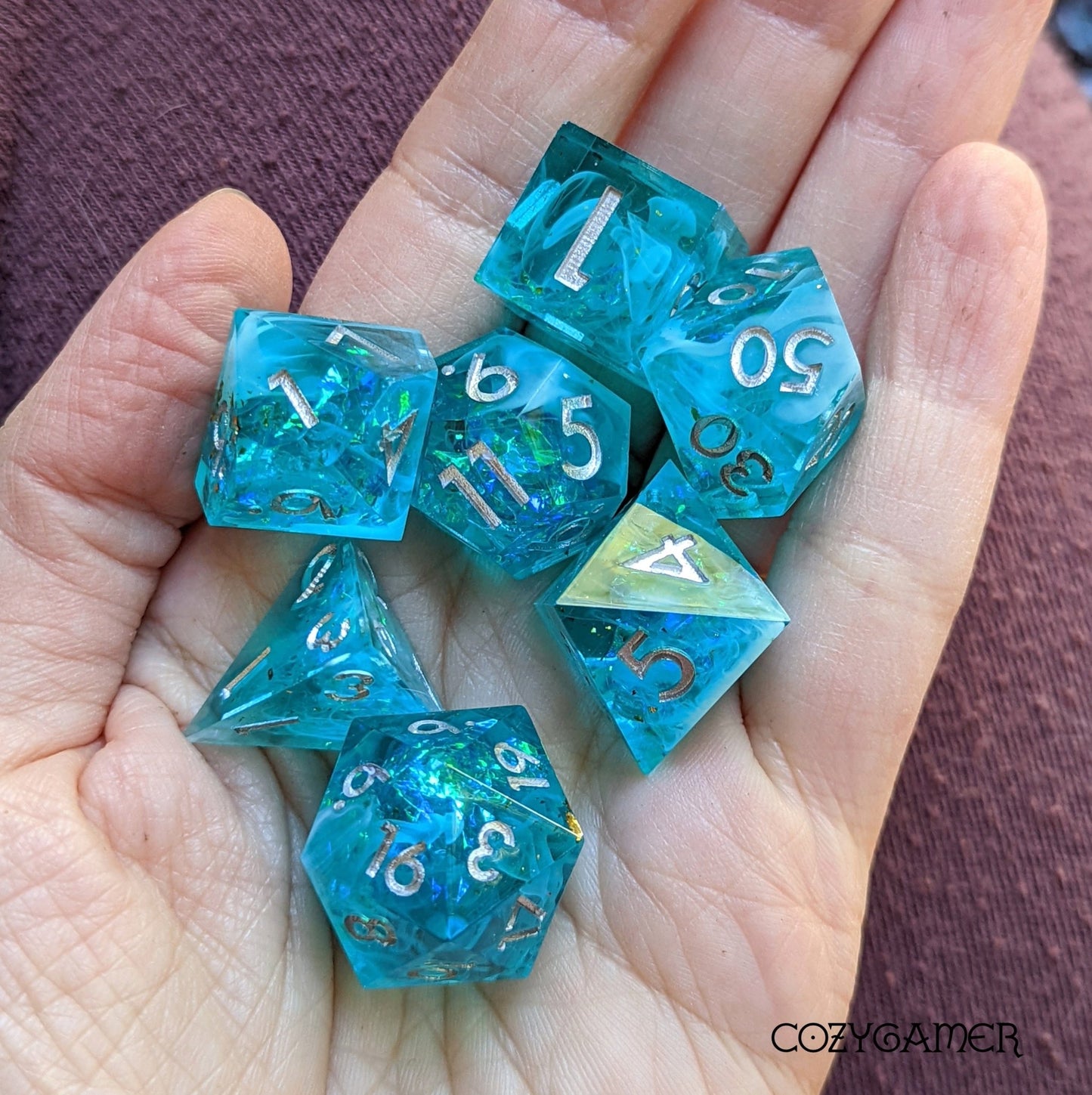 Glacial Dice Set – Blue Sharp Edge with Wispy White Clouds & Holographic Glitter - Fennek and Finch