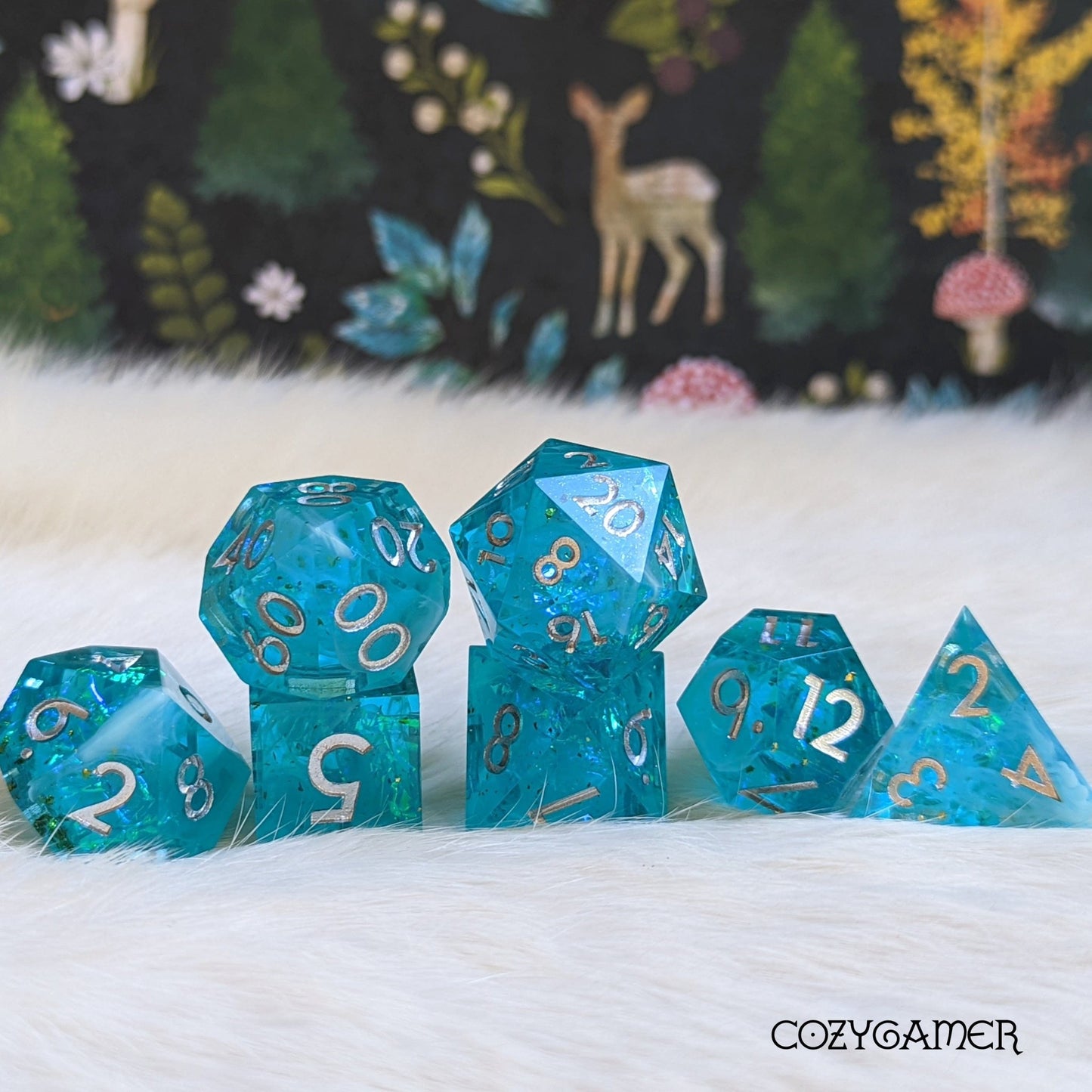 Glacial Dice Set – Blue Sharp Edge with Wispy White Clouds & Holographic Glitter - Fennek and Finch