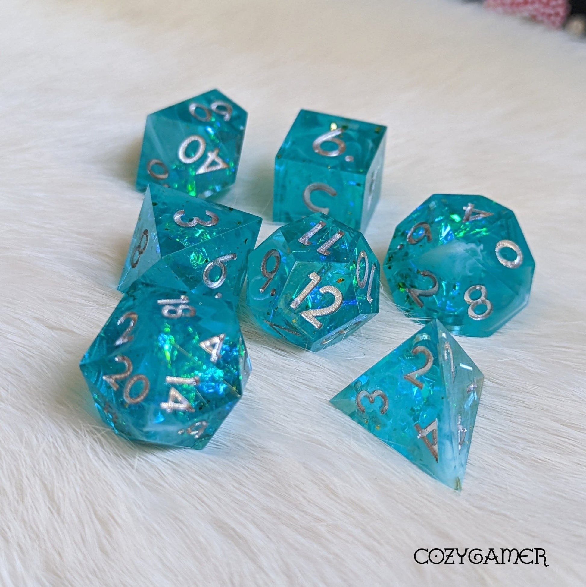 Glacial Dice Set – Blue Sharp Edge with Wispy White Clouds & Holographic Glitter - Fennek and Finch