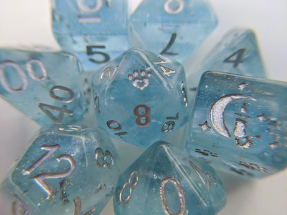 Glacial Ice 8 Piece Dice Set – Light Blue Pearly White Clouds Silver Cat Wizard - Fennek and Finch