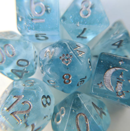 Glacial Ice 8 Piece Dice Set – Light Blue Pearly White Clouds Silver Cat Wizard - Fennek and Finch