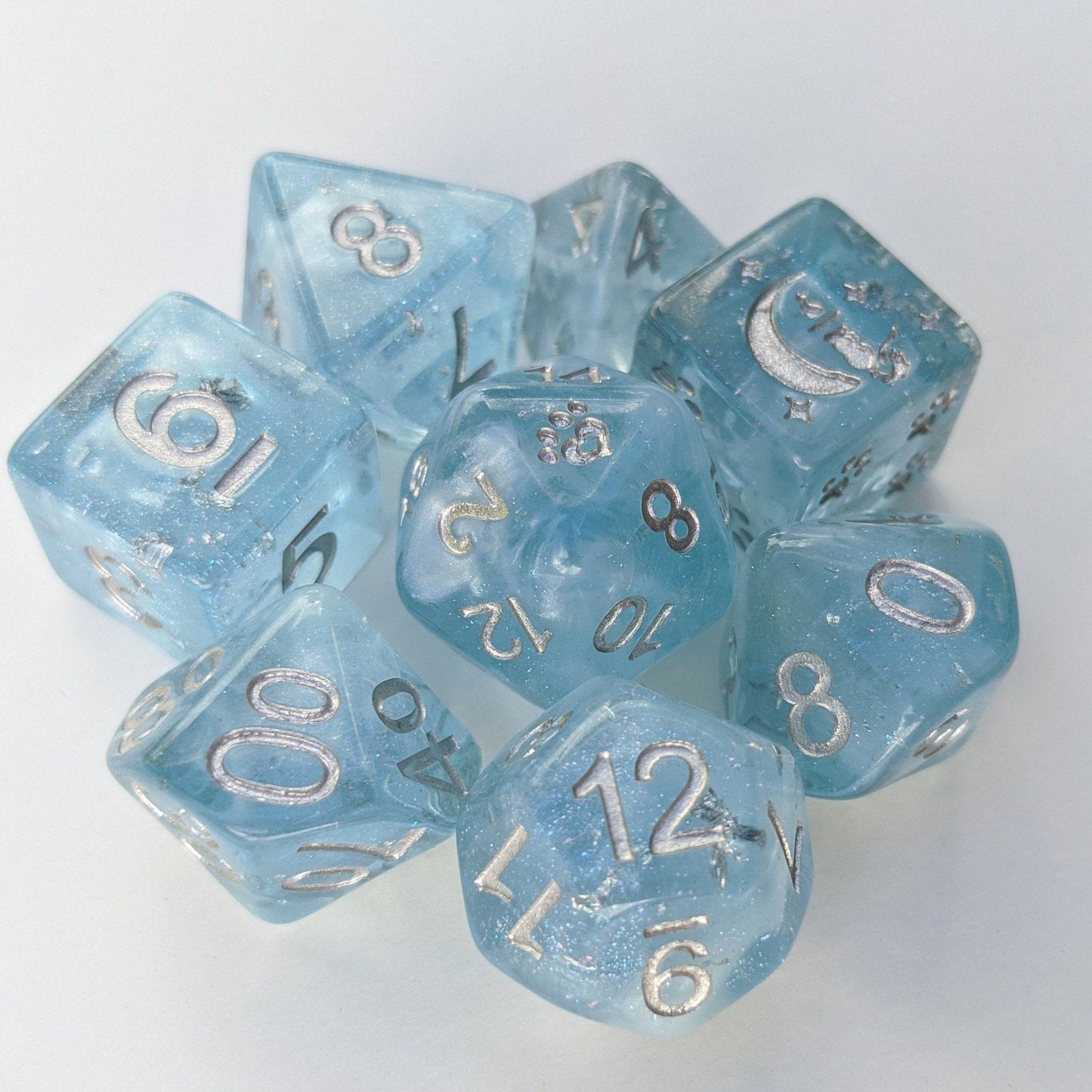 Glacial Ice 8 Piece Dice Set. Light clear blue with pearly white clouds and silver foil within. - CozyGamer