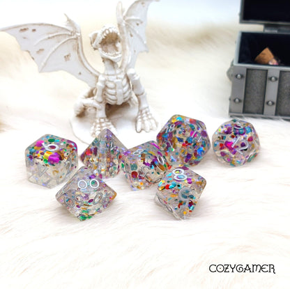 Glitter Explosion Dice Set – 7 - Piece Clear Resin Rainbow Glitter Confetti DnD - Fennek and Finch
