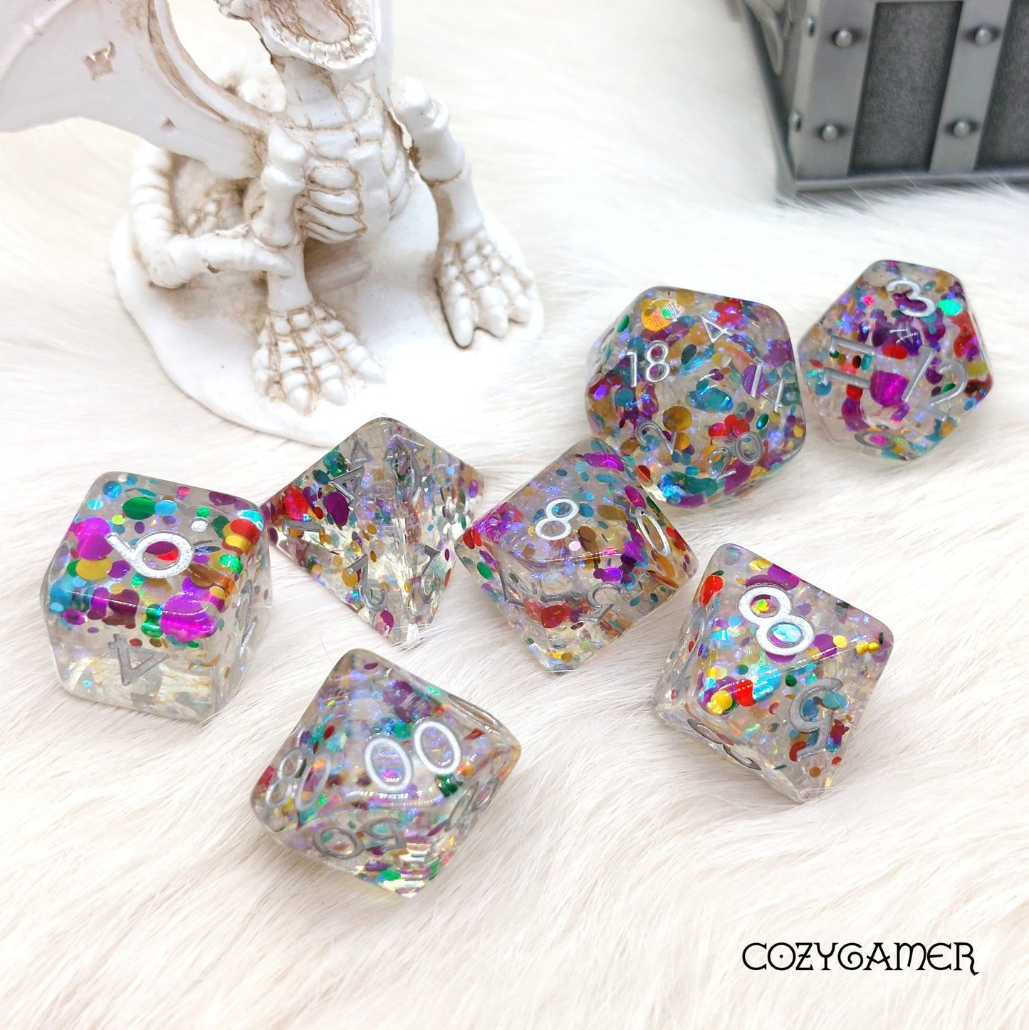 Glitter Explosion Dice Set – 7 - Piece Clear Resin Rainbow Glitter Confetti DnD - Fennek and Finch