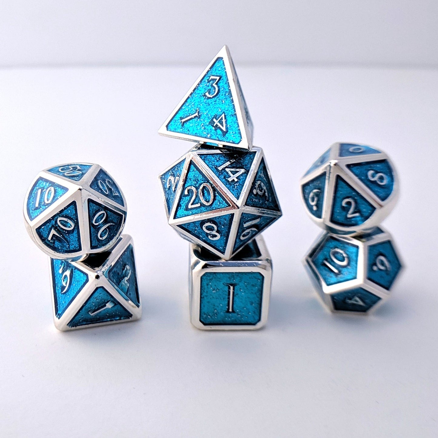 Glittering Blue and Silver Metal Dice Set - CozyGamer