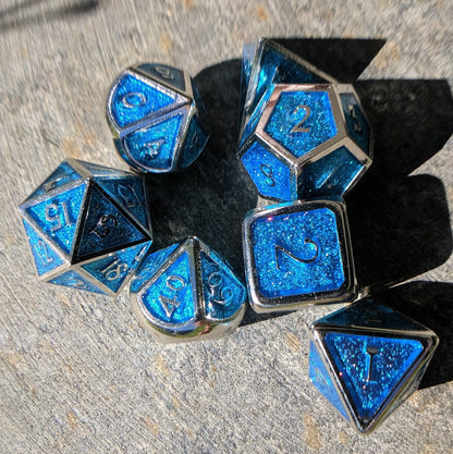 Glittering Blue and Silver Metal Dice Set - CozyGamer