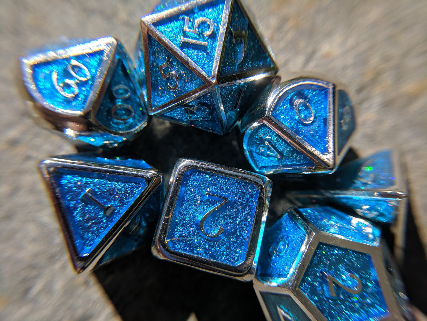 Glittering Blue and Silver Metal Dice Set - CozyGamer