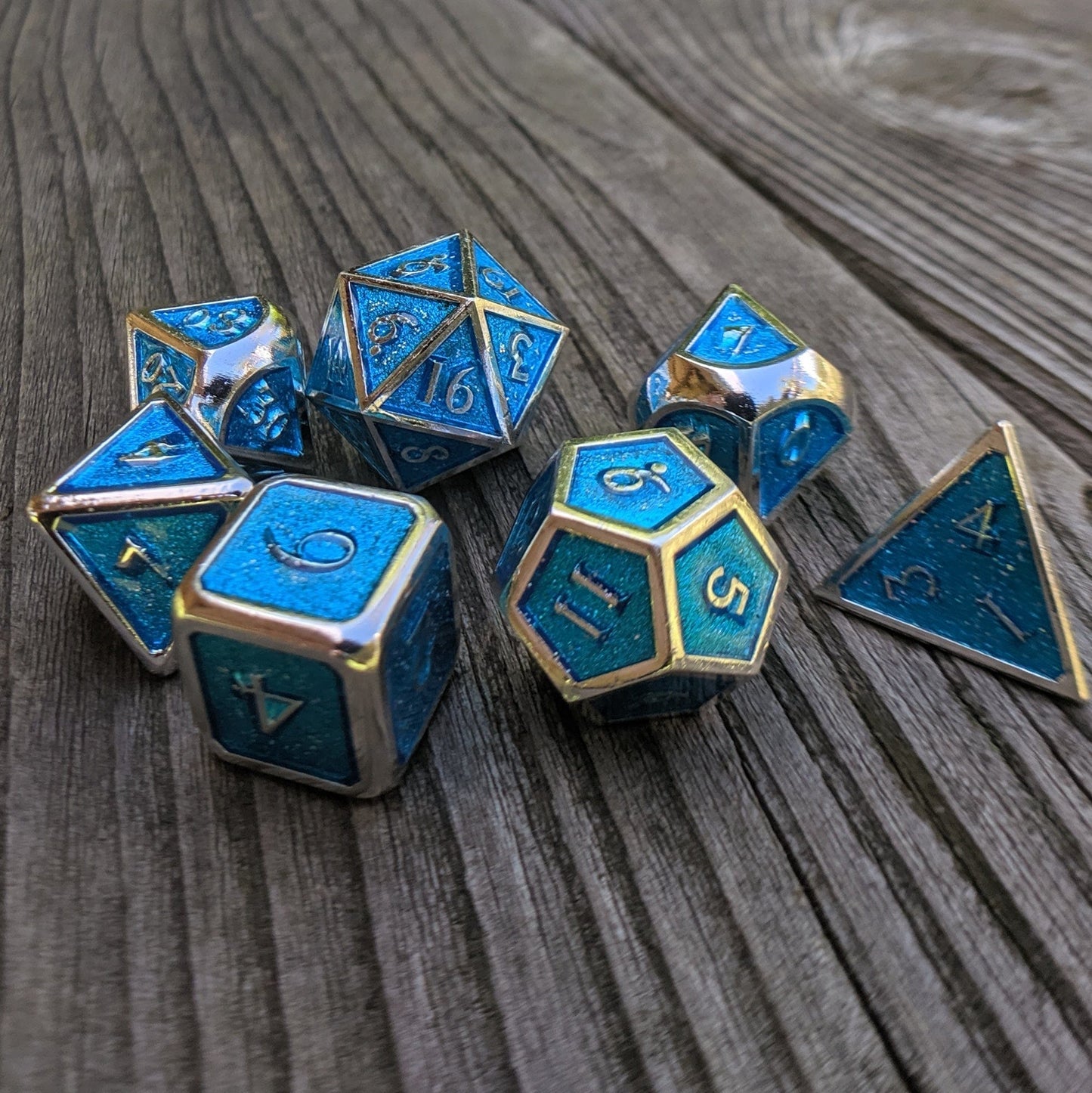 Glittering Blue and Silver Metal Dice Set - CozyGamer