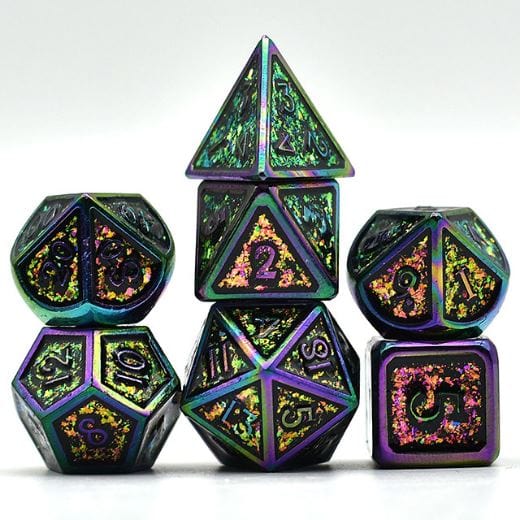 Glittering Color Shift Metal Dice Set – 7 - Piece Magenta Green Rainbow Trim Zinc - Fennek and Finch