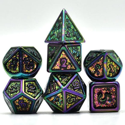Glittering Color Shift Metal Dice Set – 7 - Piece Magenta Green Rainbow Trim Zinc - Fennek and Finch