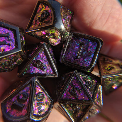 Glittering Magenta Green Metal Dice Set – Color Shift with Black Trim - Fennek and Finch