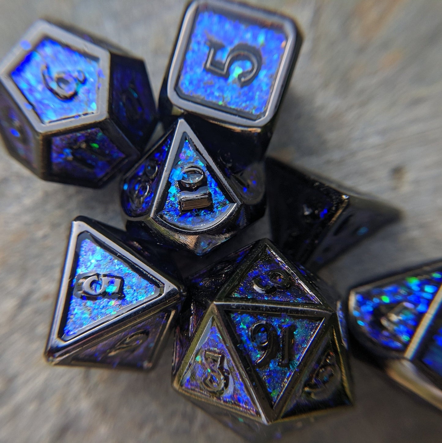 Glittering Night Sky Metal Dice Set – Blue, Purple & Teal with Black Trim - Fennek and Finch