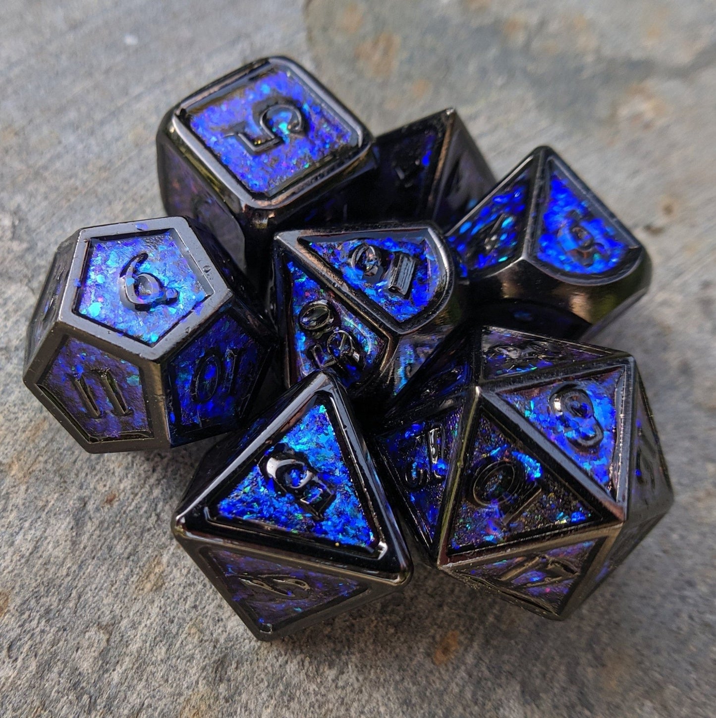 Glittering Night Sky Metal Dice Set – Blue, Purple & Teal with Black Trim - Fennek and Finch