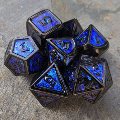 Glittering Night Sky Metal Dice Set – Blue, Purple & Teal with Black Trim - Fennek and Finch