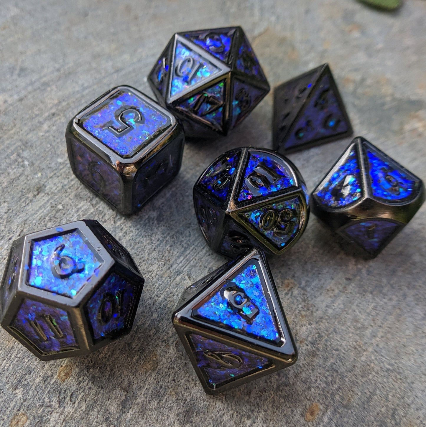 Glittering Night Sky Metal Dice Set – Blue, Purple & Teal with Black Trim - Fennek and Finch