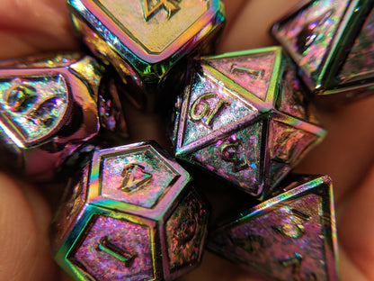 Glittering Peacock Metal Dice Set – Rainbow Glitter with Rainbow Trim - Fennek and Finch