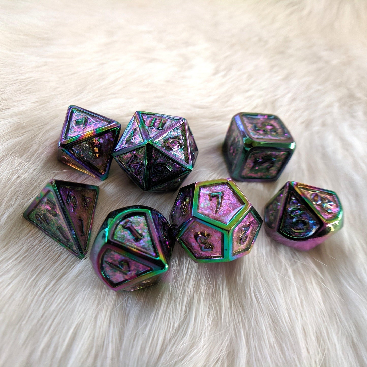 Glittering Peacock Rainbow Metal Dice Set with Rainbow Trim - CozyGamer