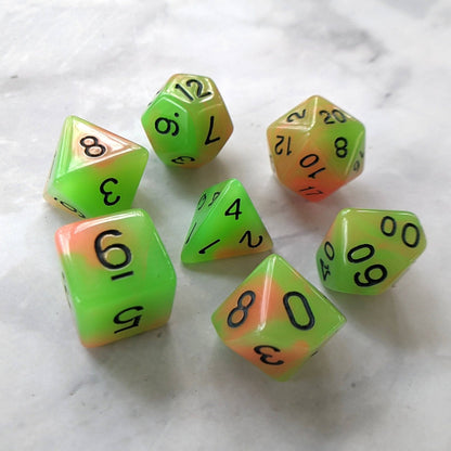 Glow in the Dark Dice Set – 7-Piece Green Orange Glowing DnD Dice Dice sets Fennek and Finch