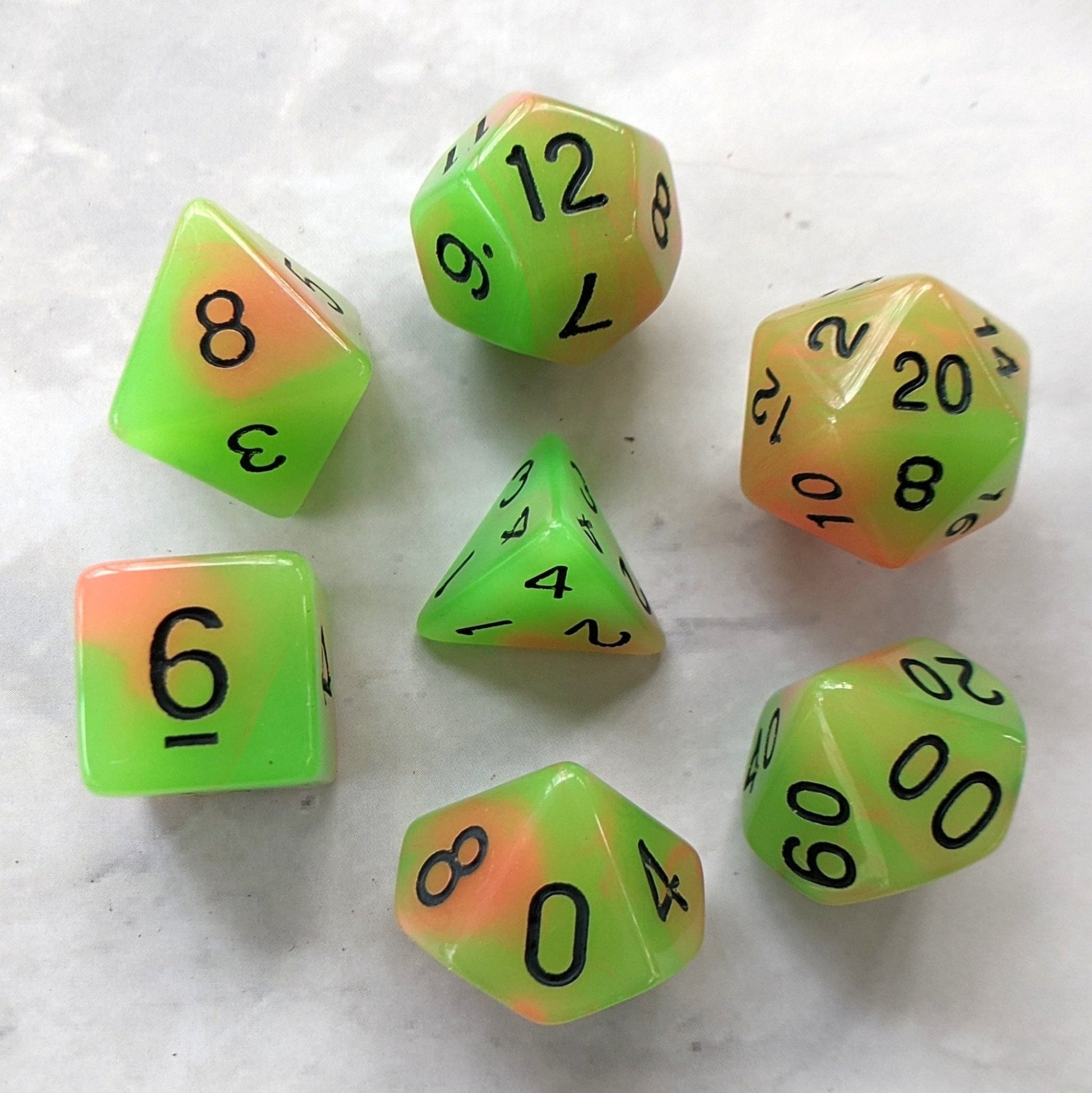 Glow in the Dark Dice Set – 7-Piece Green Orange Glowing DnD Dice Dice sets Fennek and Finch