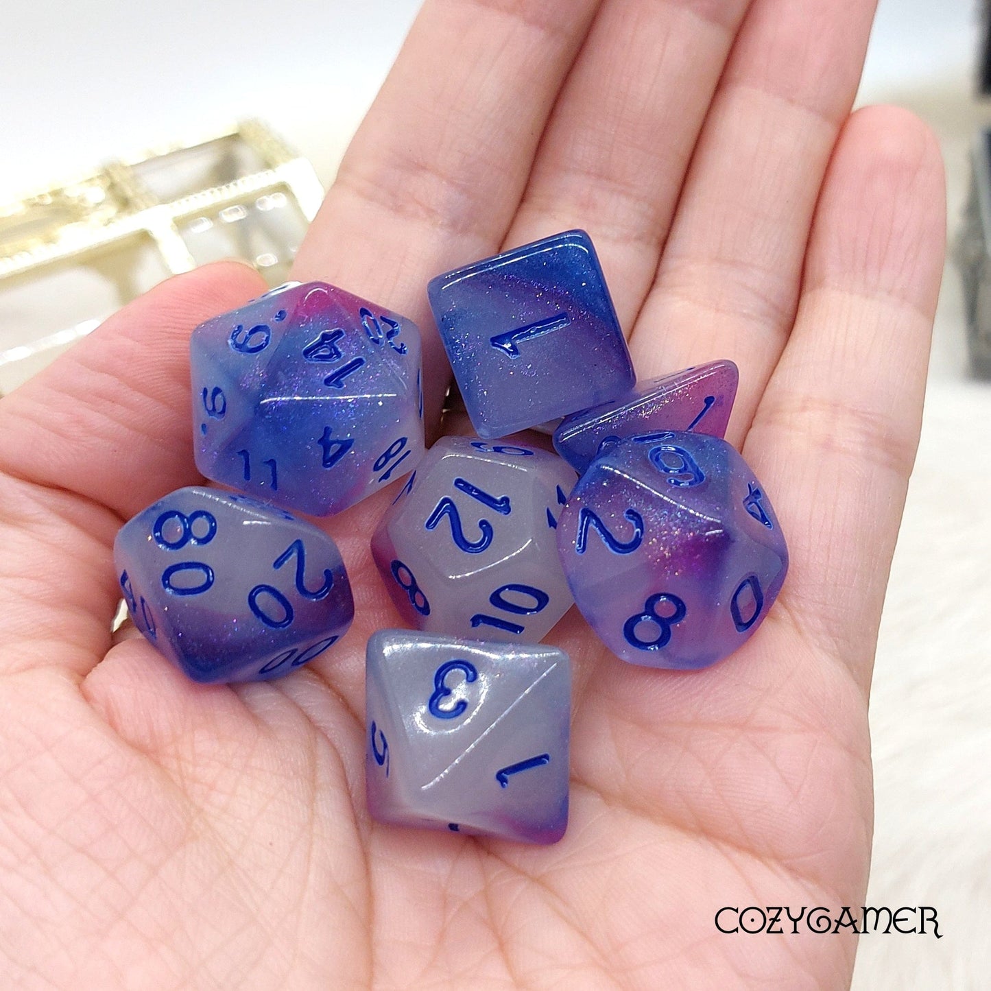 Glow in the Dark White, Blue, and Purple Dice Set