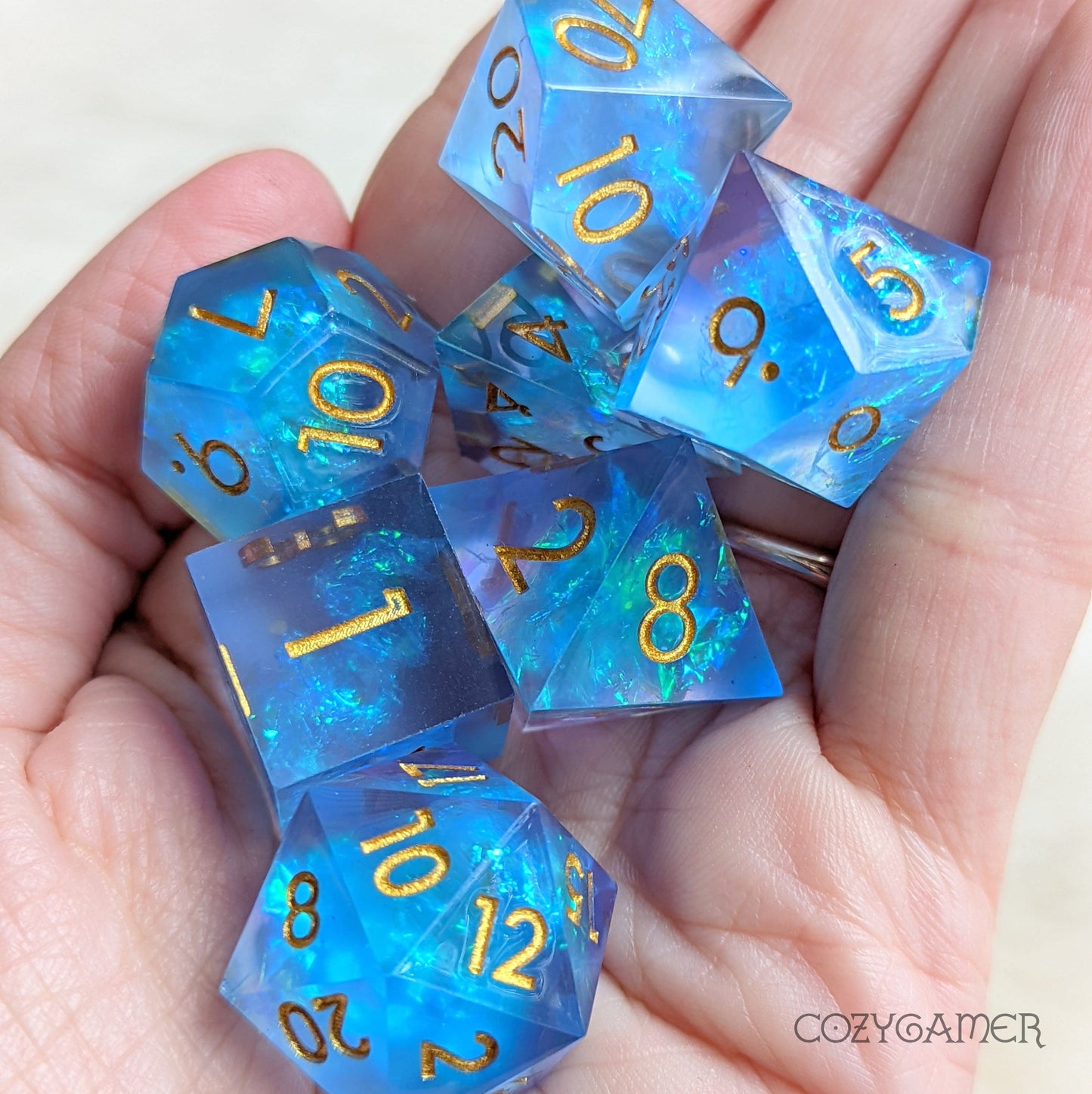 Glowing Frost Sharp Edge Resin Dice Set. 7 Piece DND dice set