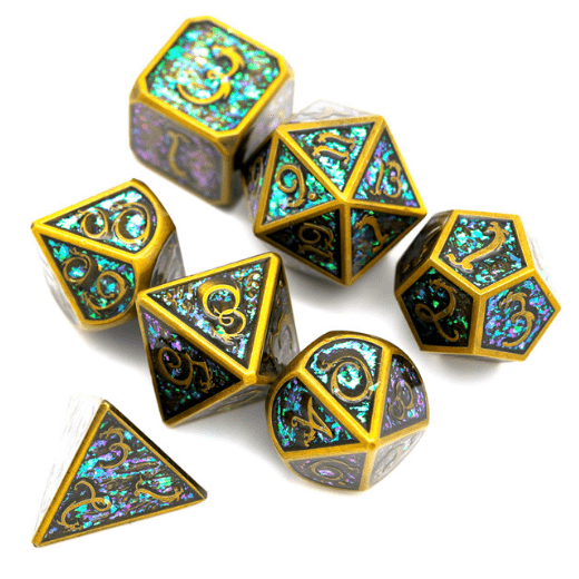 Gold Cloud Dragon Metal Dice Set – 7 - Piece Purple Green Glitter DnD Dice - Fennek and Finch