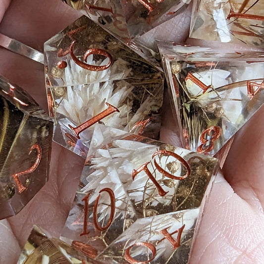 Gold Dust Flowers - 7 Piece Sharp Edge Dice Set Dice Sets & Games Fennek & Finch