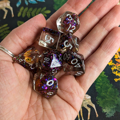 Golden Eye DnD Dice Set – 7 - Piece Detailed Eye Brown Resin Dice - Fennek and Finch
