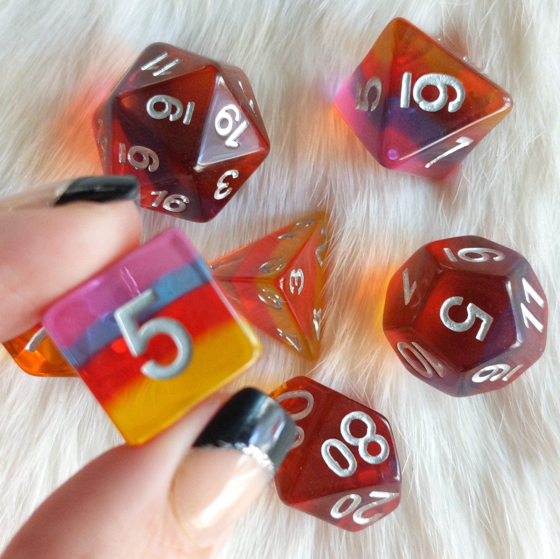 Golden Time Dice Set. Clear Layered Yellow, Red, Purple, and Pink Resin Dice Set - Fennek and Finch