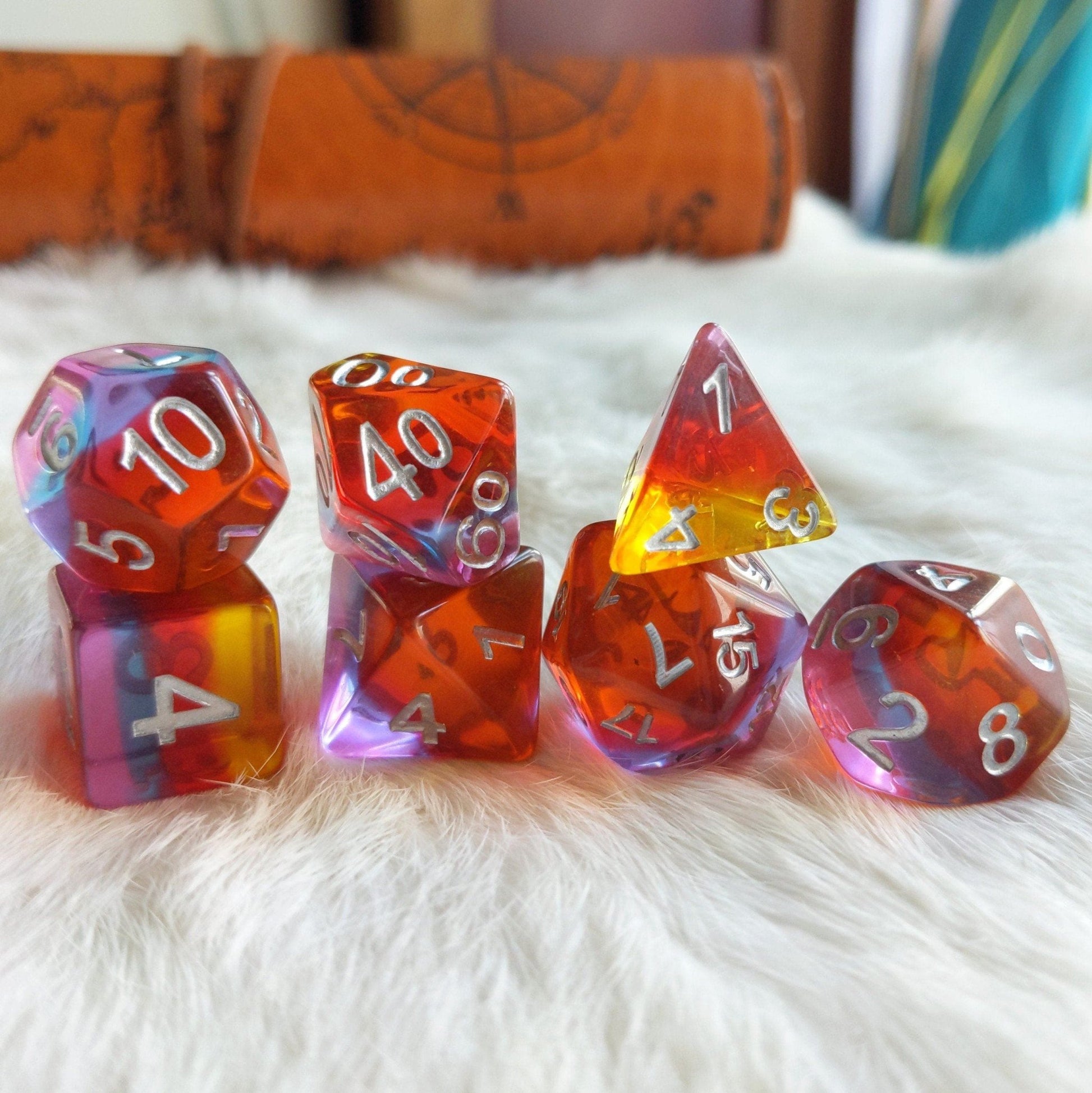 Golden Time Dice Set. Clear Layered Yellow, Red, Purple, and Pink Resin Dice Set - Fennek and Finch
